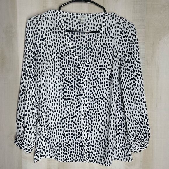 J. Crew white black blue v neck blouse top long sleeve, size 00 petite - Picture 1 of 11